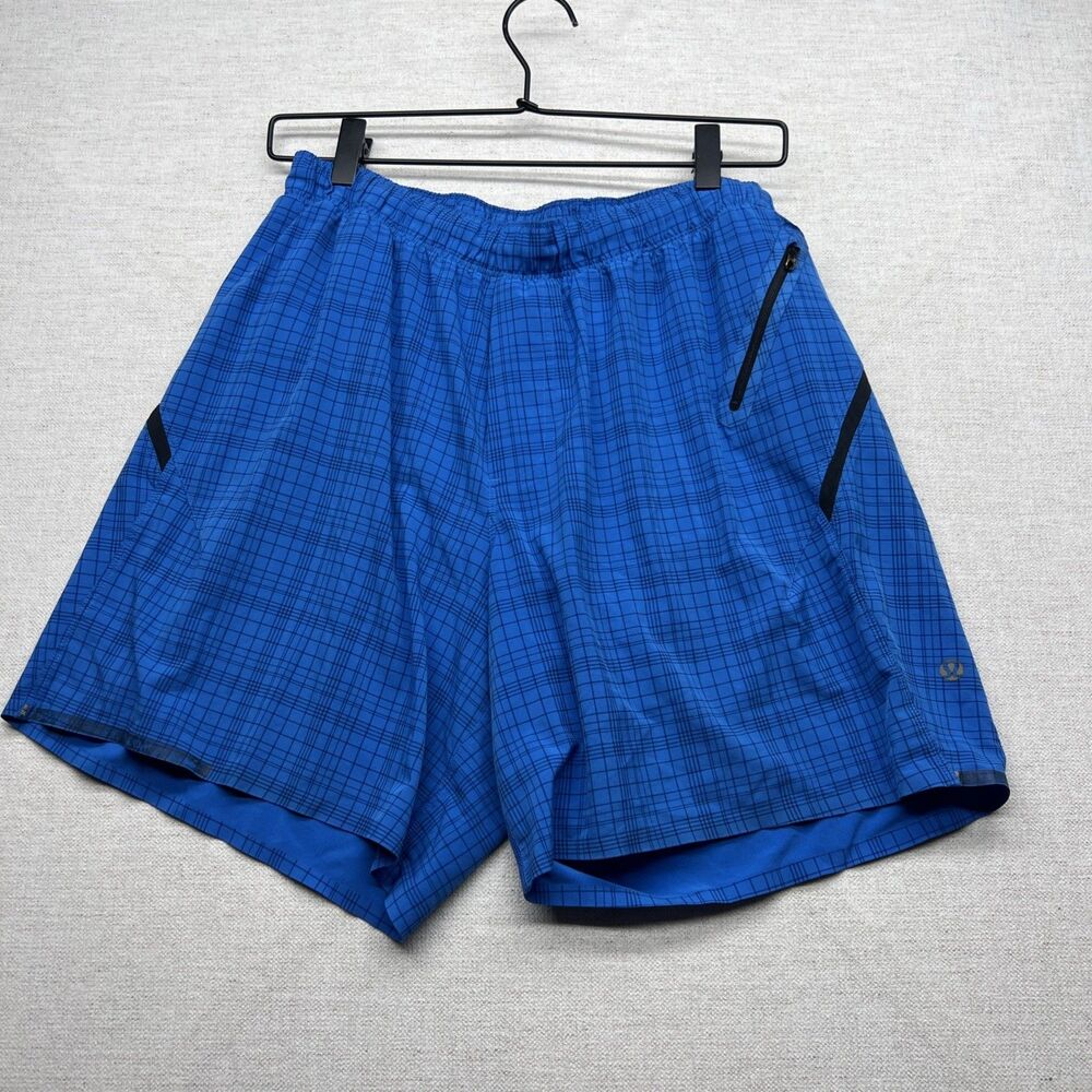 LULULEMON Pace Breaker Lined Liner Short Men Size L Large 7" Inseam Blue Grid